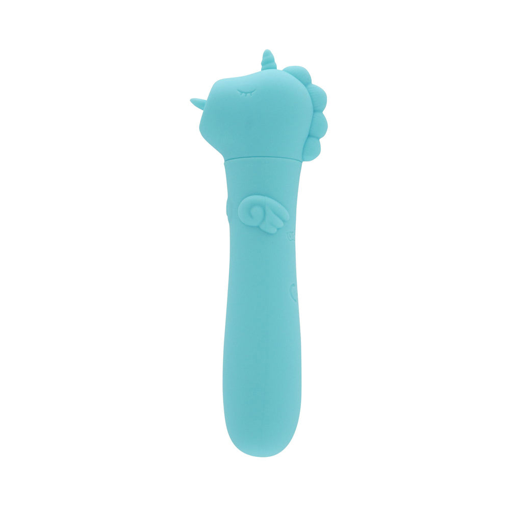 A blue silicone unicorn vibrator with a horn and mane detail.