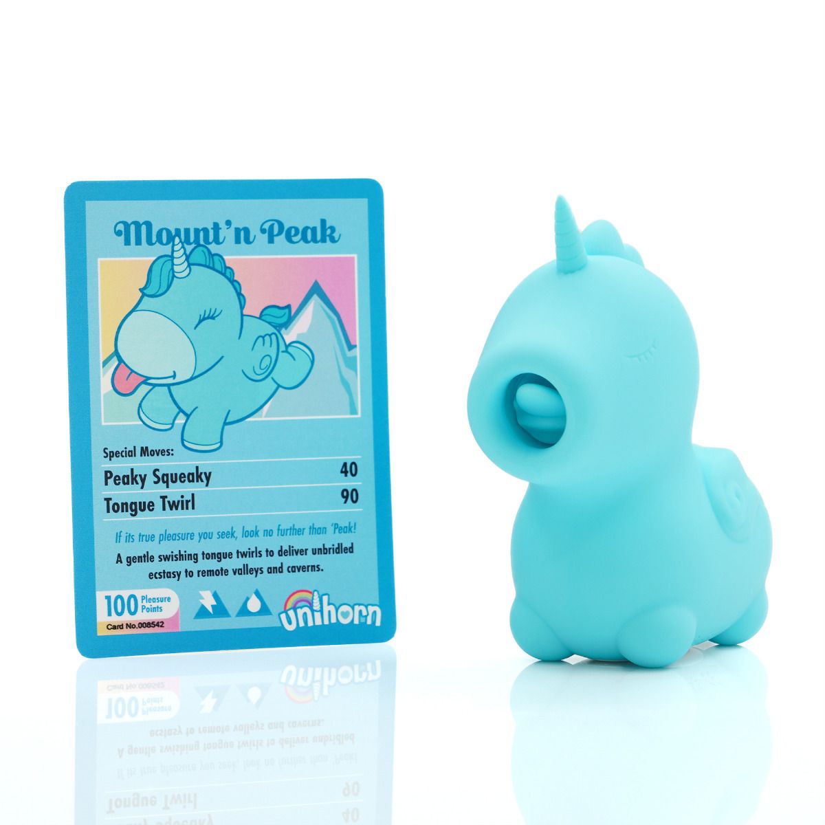 A blue silicone unicorn toy and a matching collectible card.