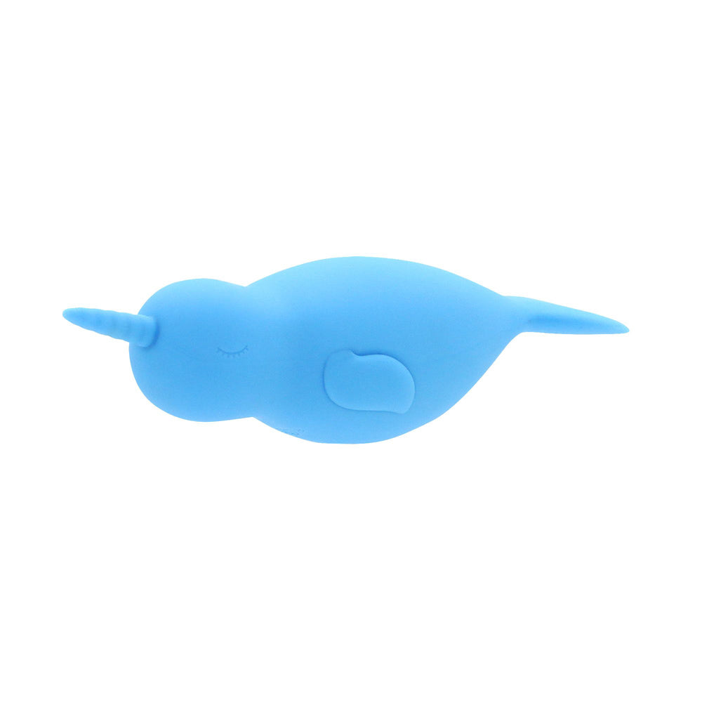 A blue silicone narwhal vibrator with a horn and tail.