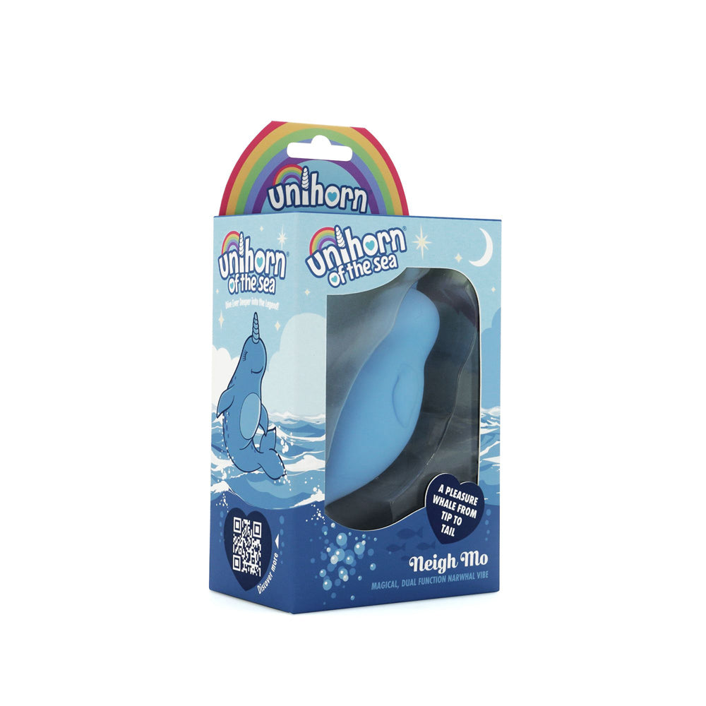 A blue narwhal-shaped vibrator in its packaging.