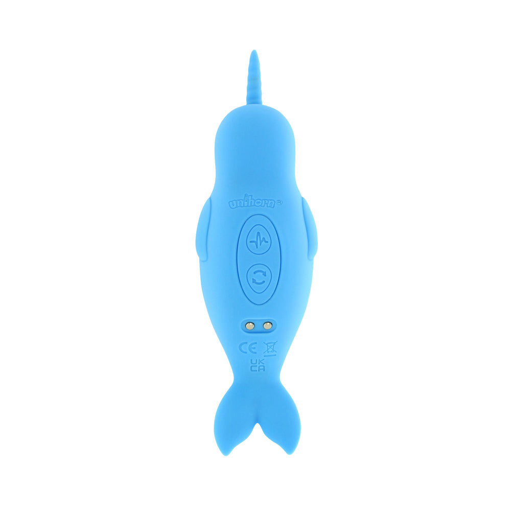 Blue silicone narwhal vibrator with two buttons and charging ports.