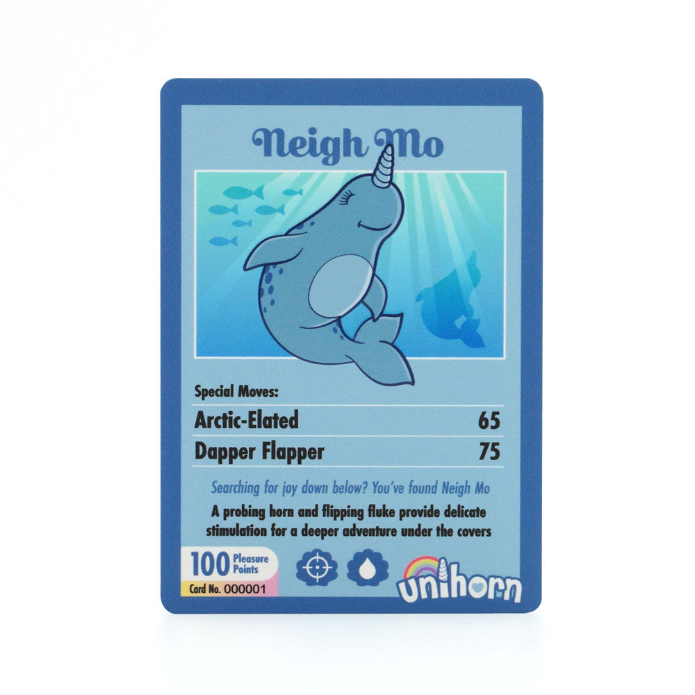 A Neigh Mo Unihorn vibrator card with a narwhal illustration and text details.