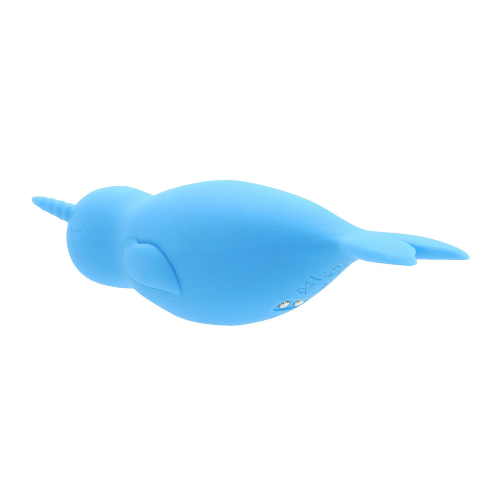 A blue silicone narwhal vibrator with a horn and tail.