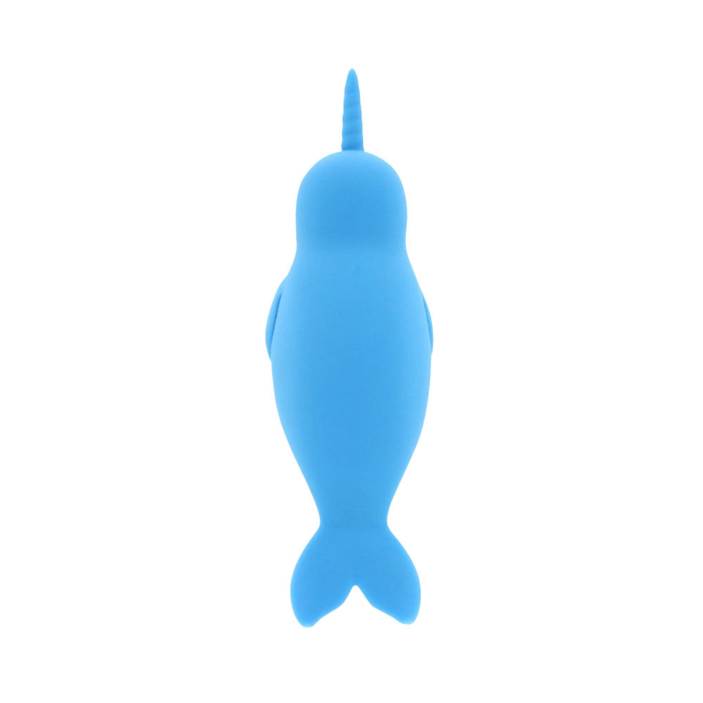 A blue silicone narwhal vibrator with a horn and tail.