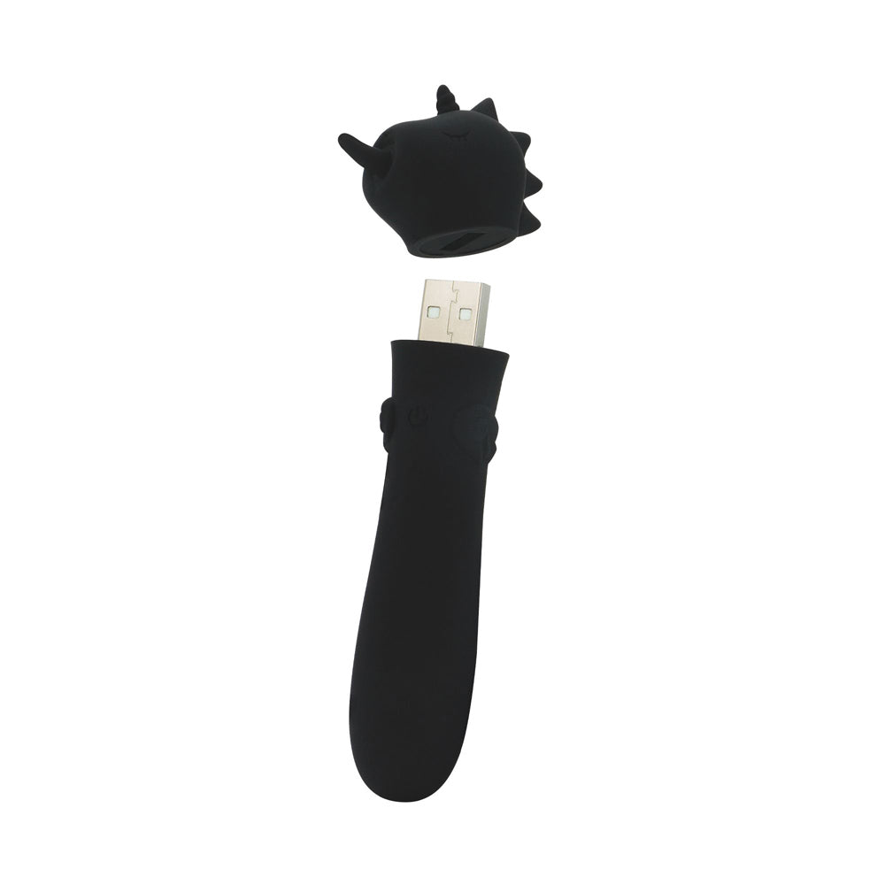 Black silicone unicorn-shaped USB vibrator with cap.