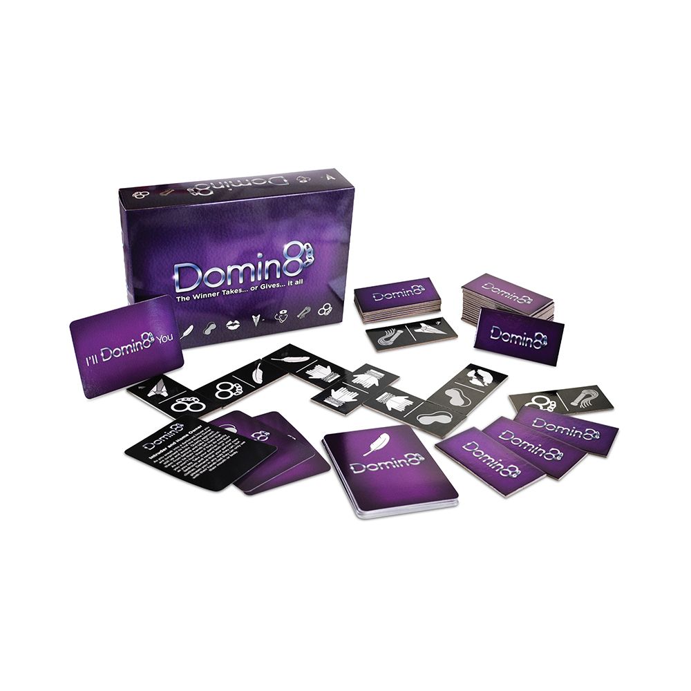 Domin8 adult roleplay card game for couples with purple cards and a box.