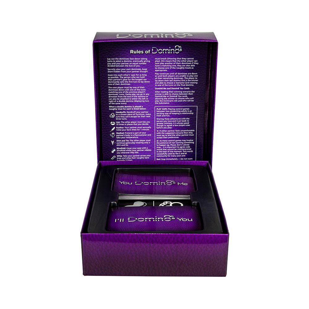 Domin8 Adult Roleplay Card Game for Couples in an open purple box.
