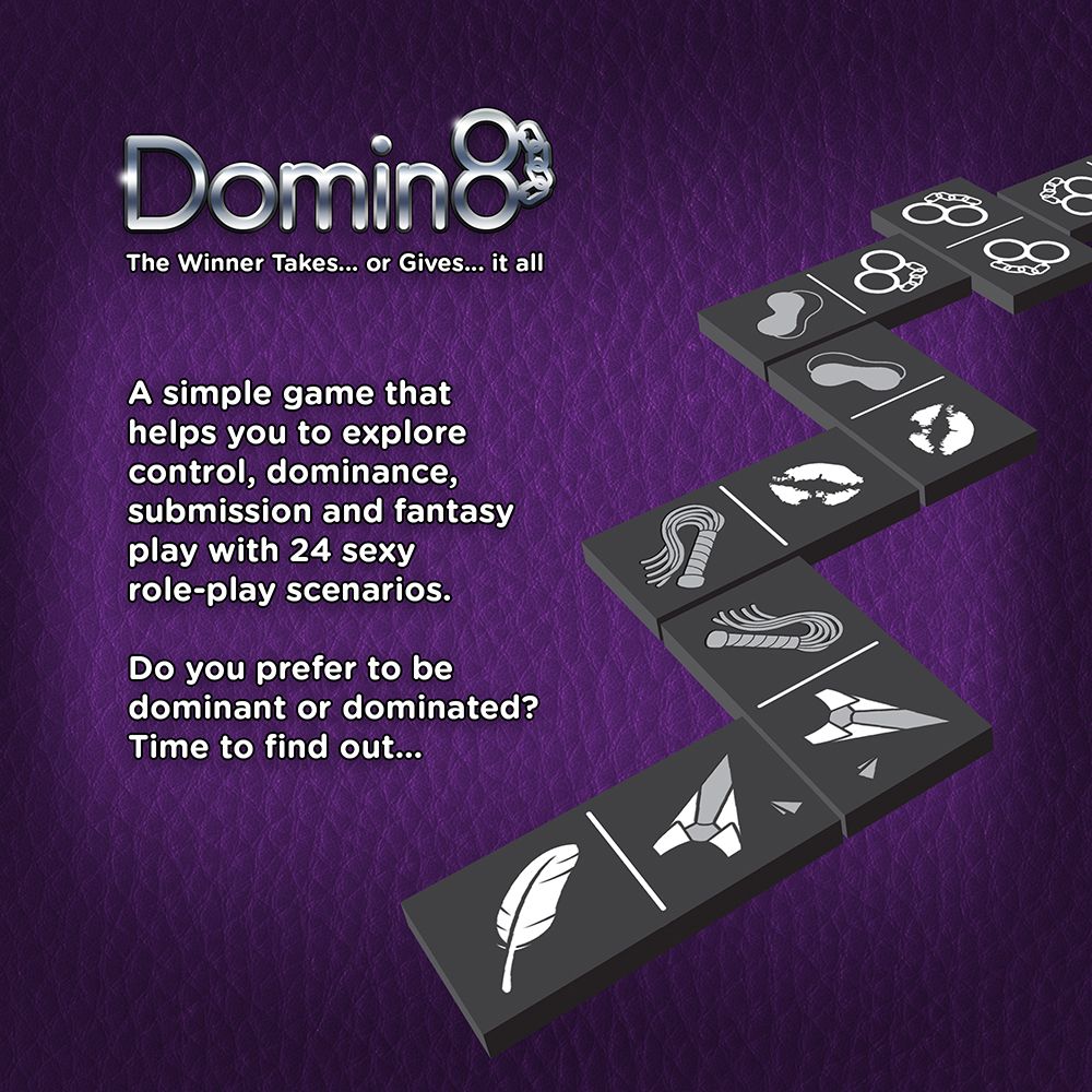 Domin8 adult roleplay card game with domino-style cards featuring various symbols.