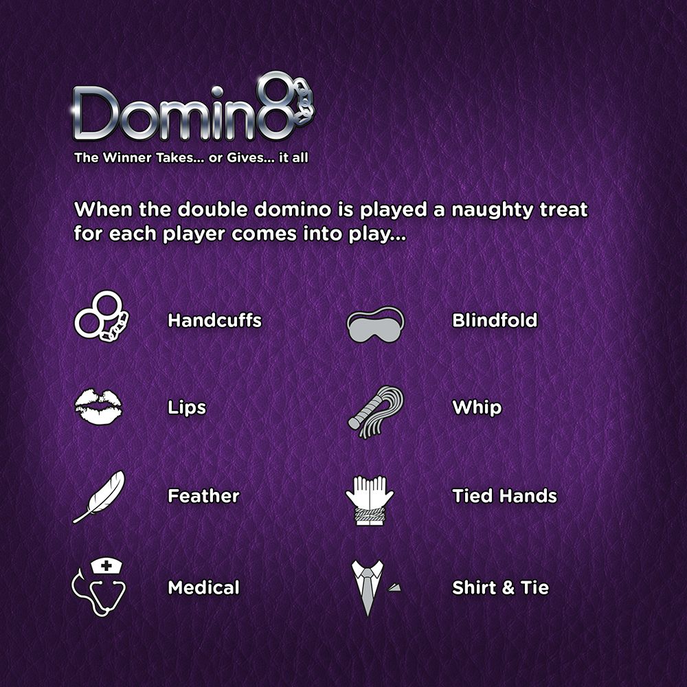 Domin8 adult roleplay card game with icons for handcuffs, blindfold, lips, whip, feather, tied hands, medical, and shirt and tie.