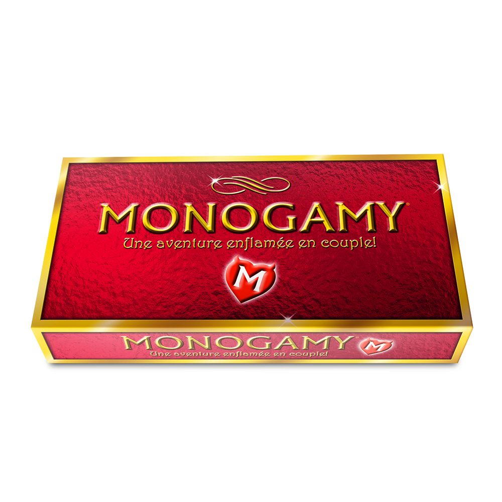 Monogamy board game for couples in French, with a red and gold design.