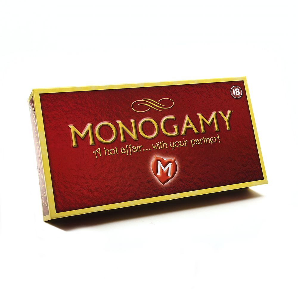 Monogamy adult board game box with red and gold design.