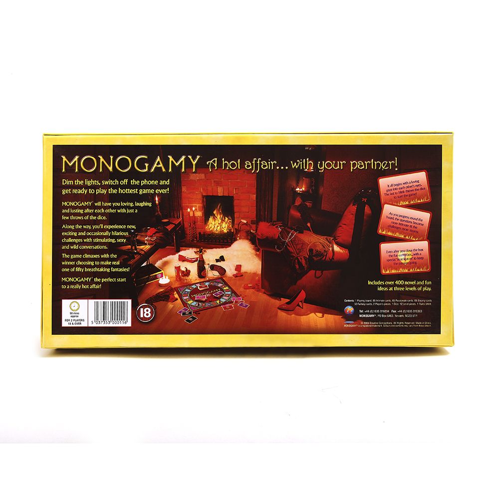 Monogamy adult board game with a fireplace and a suggestive scene.