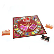 Monogamy adult board game with cards and game pieces on a red board.