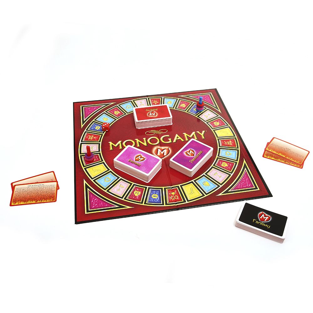 Monogamy adult board game with cards and game pieces on a red board.