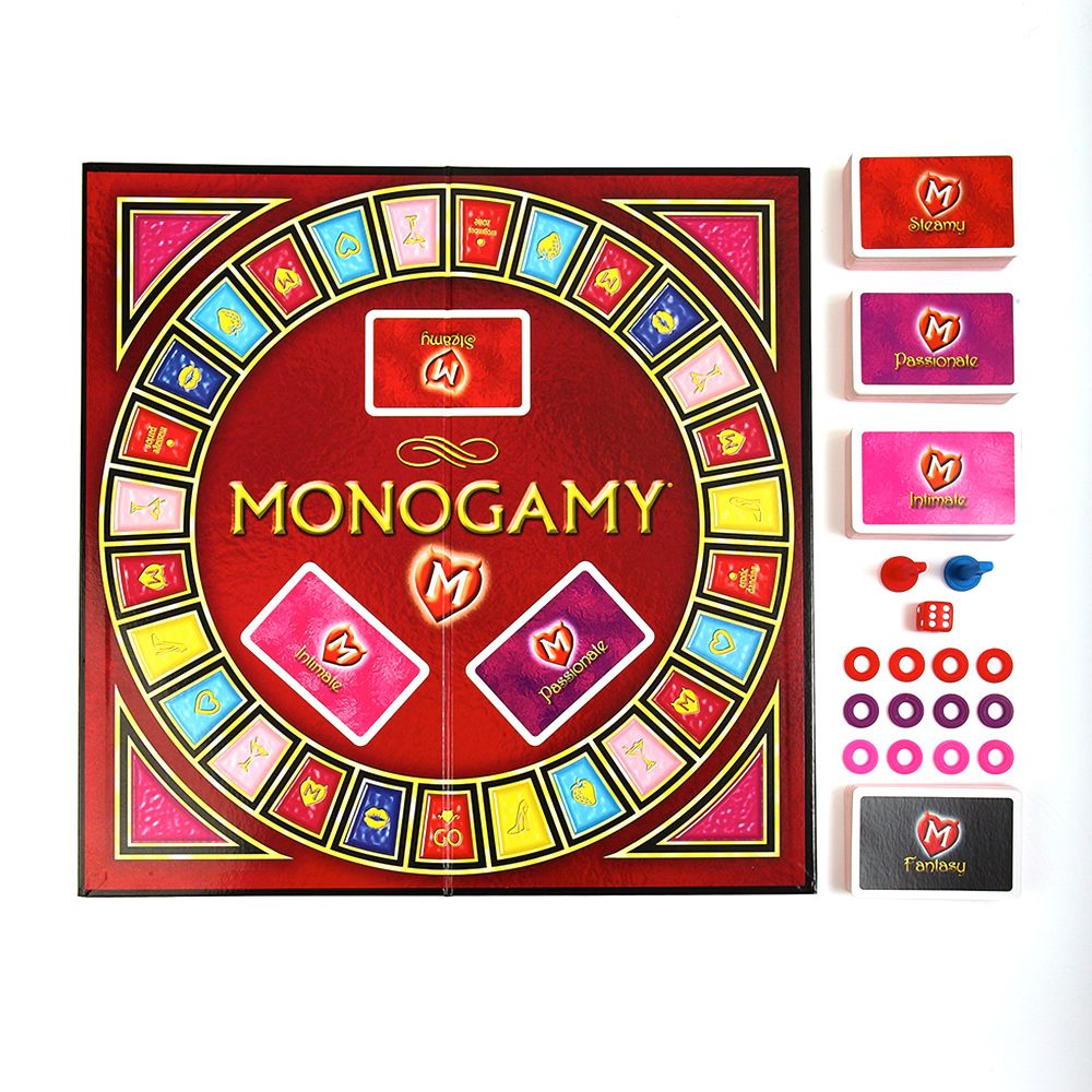 Monogamy adult board game with a circular path, cards, and game pieces.