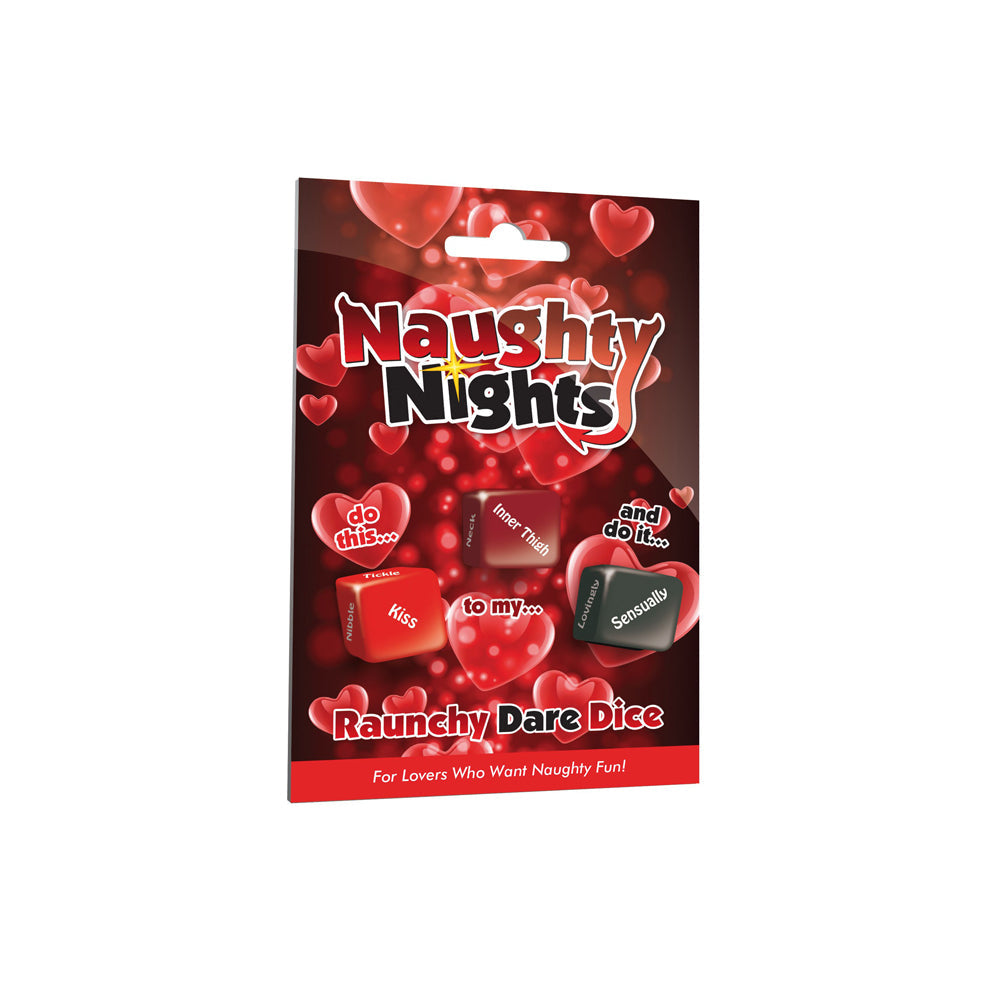 Naughty Nights Erotic Dare Dice Game for couples with red hearts and dice.