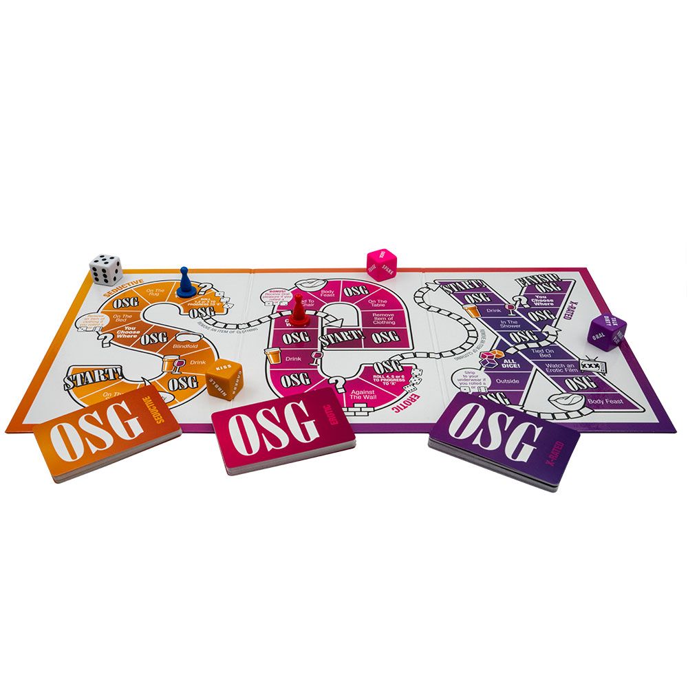 An erotic board game with cards, dice, and a game board.