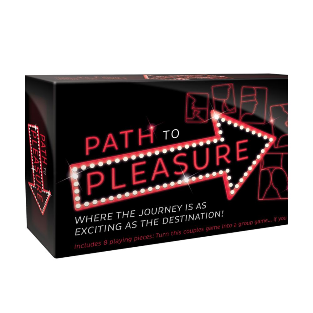 The Path to Pleasure board game box with neon arrow and couple silhouettes.