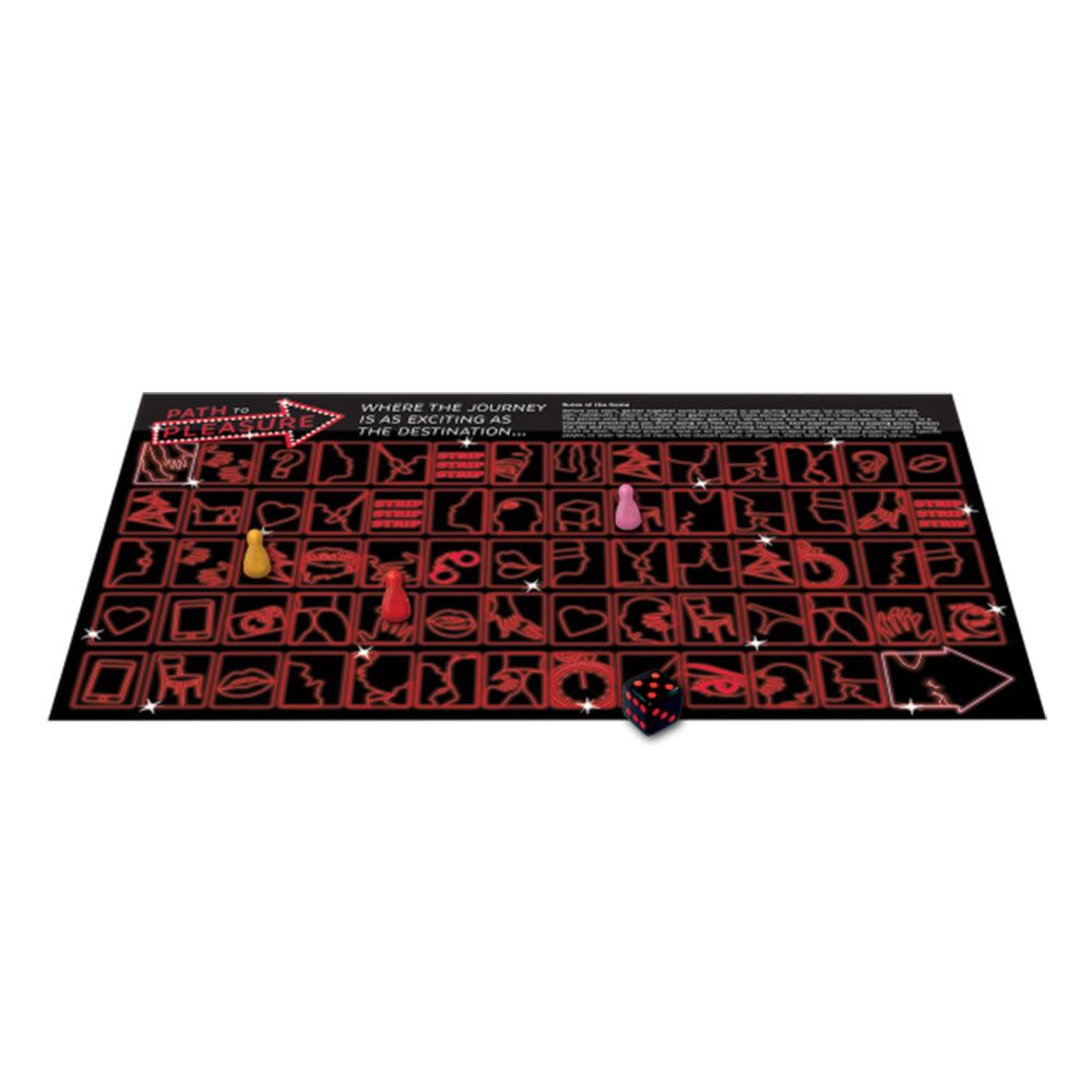 A board game with red icons and playing pieces on a black board.