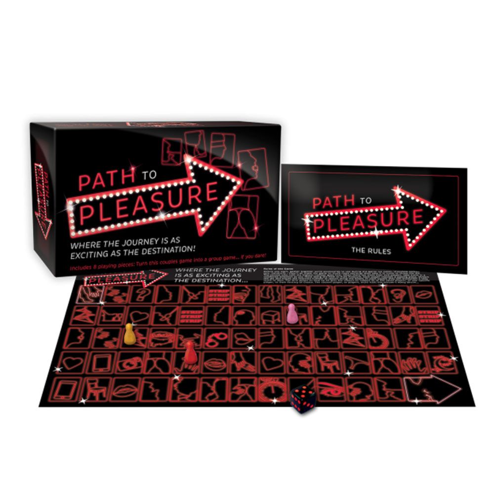 Path to Pleasure board game with game board, dice, and playing pieces.