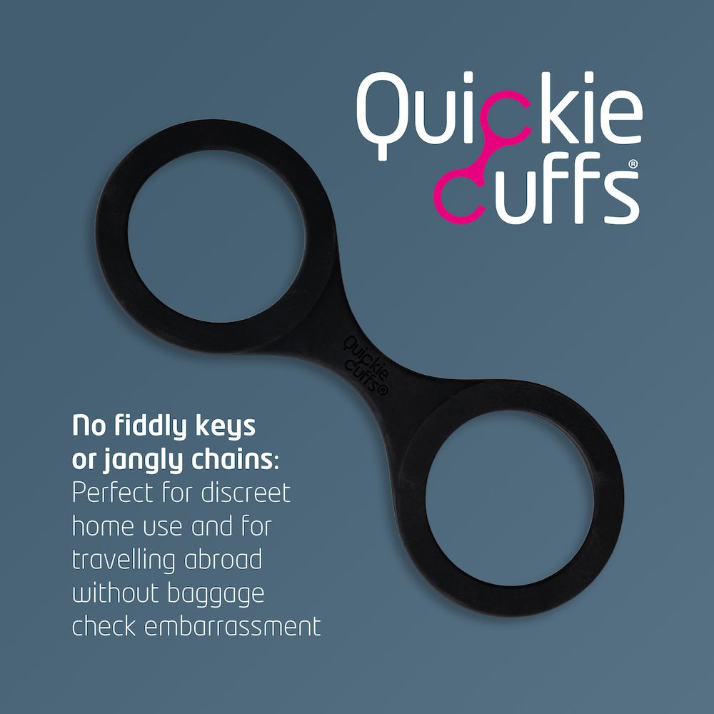 Quickie Cuffs silicone wrist restraints in black with pink accents.