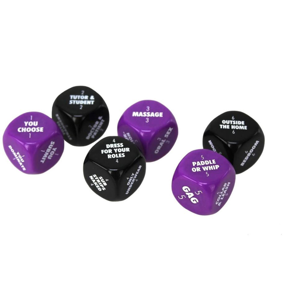 Six adult dice with kinky prompts for couples.