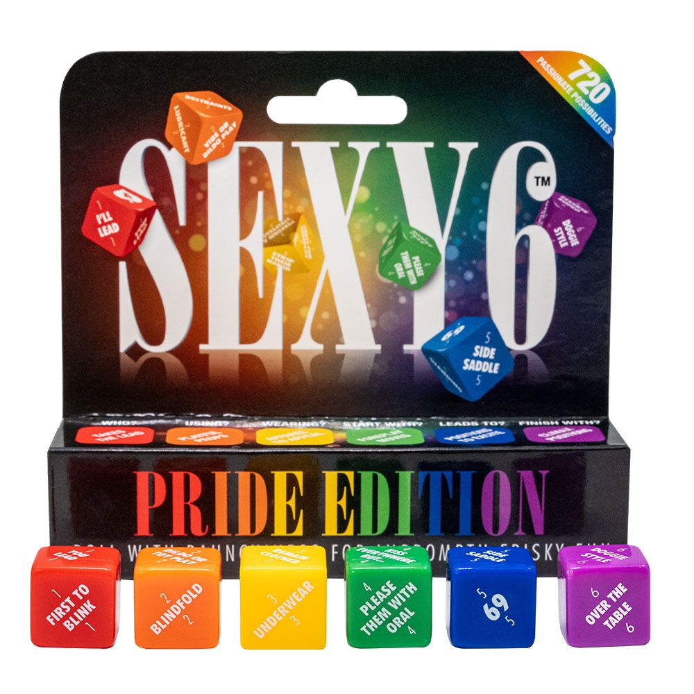 Sexy 6 Pride Edition Erotic Dice Game with rainbow design and six dice.