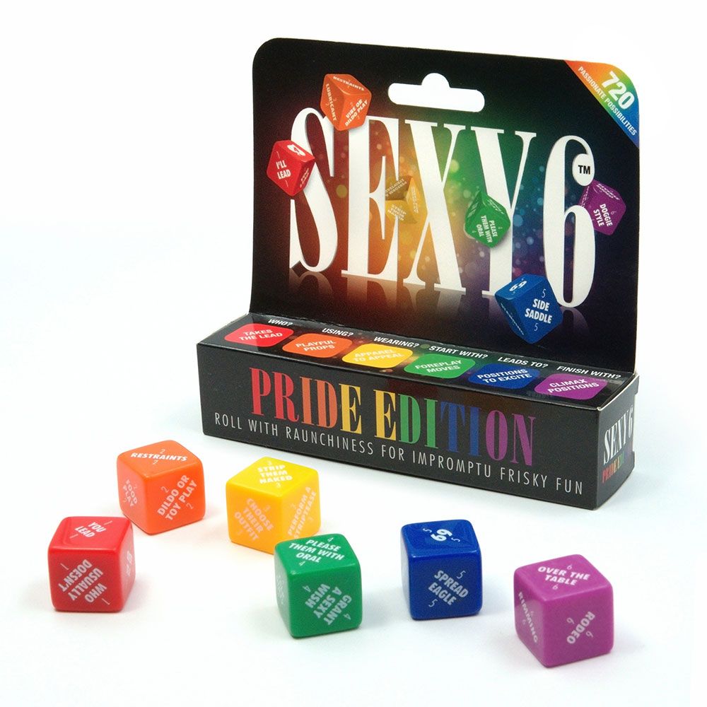 Sexy 6 Pride Edition erotic dice game with rainbow design and six dice.