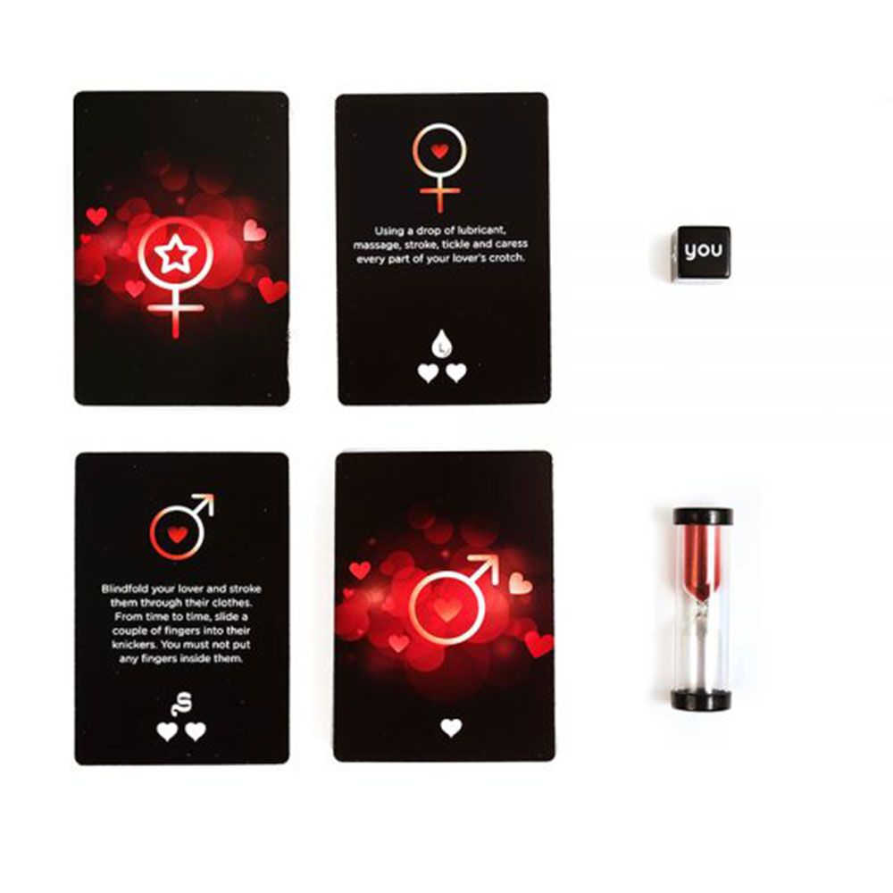 A couple's card game with four cards, a die, and a timer.