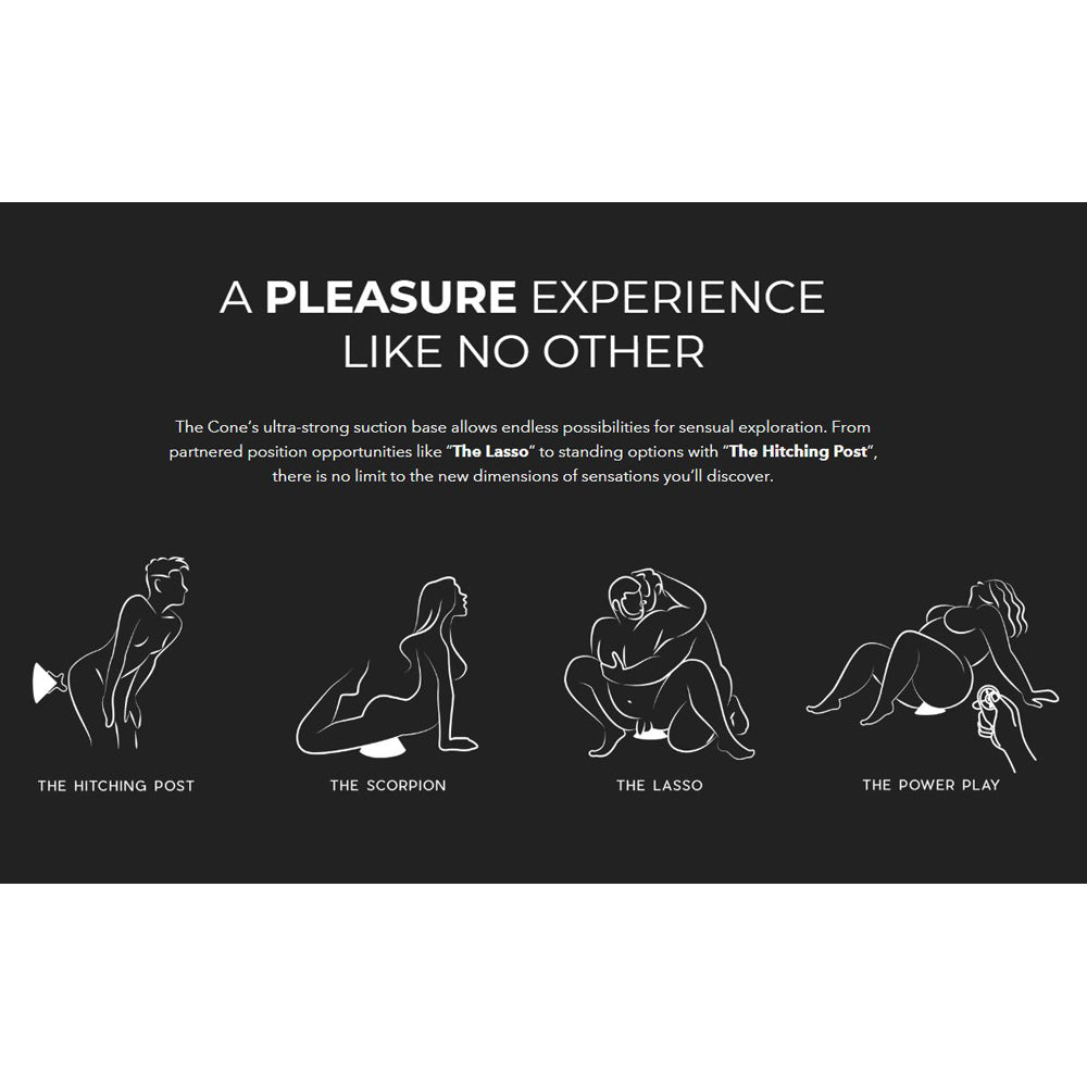 A pleasure experience like no other with four illustrated positions: The Hitching Post, The Scorpion, The Lasso, and The Power Play.