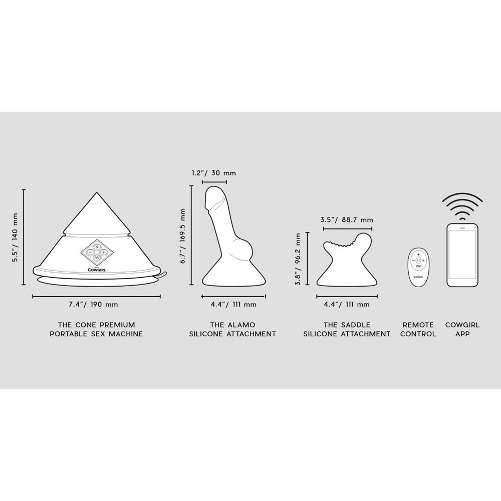 Diagram showing the Cowgirl Cone sex machine, its attachments, and remote control with dimensions.