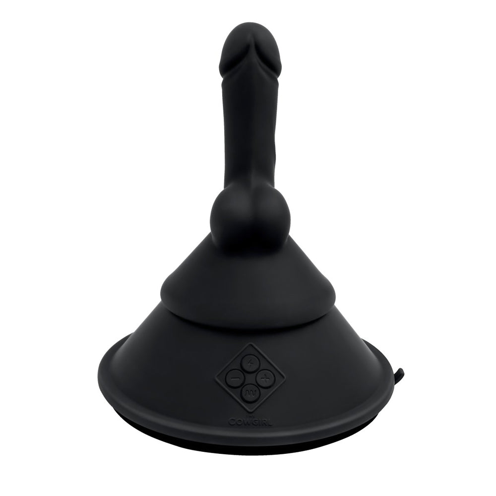 Black silicone sex machine with a cone base and phallic attachment.