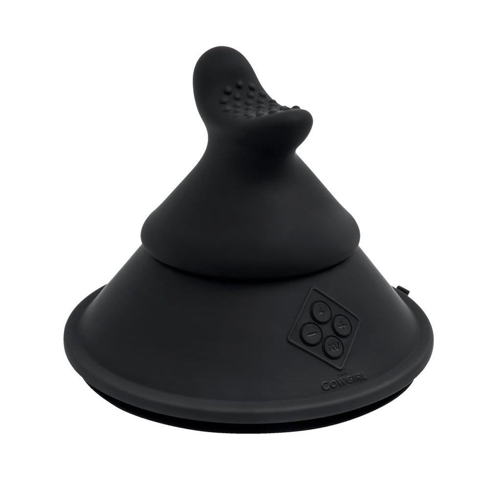 Black Cowgirl Cone app-controlled silicone sex machine with textured tip.