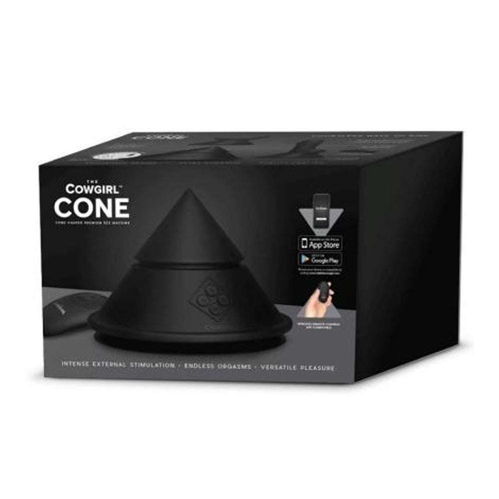 The Cowgirl Cone app-controlled silicone sex machine in black.