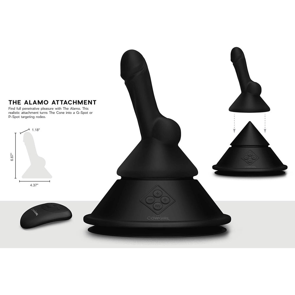 Black silicone sex machine attachment with a realistic phallic shape on a cone base.