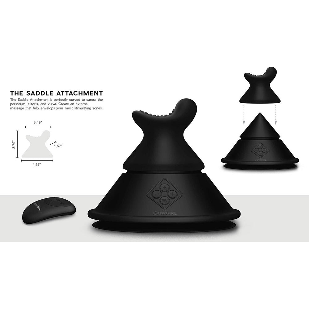 Black silicone saddle attachment for a sex machine with dimensions.