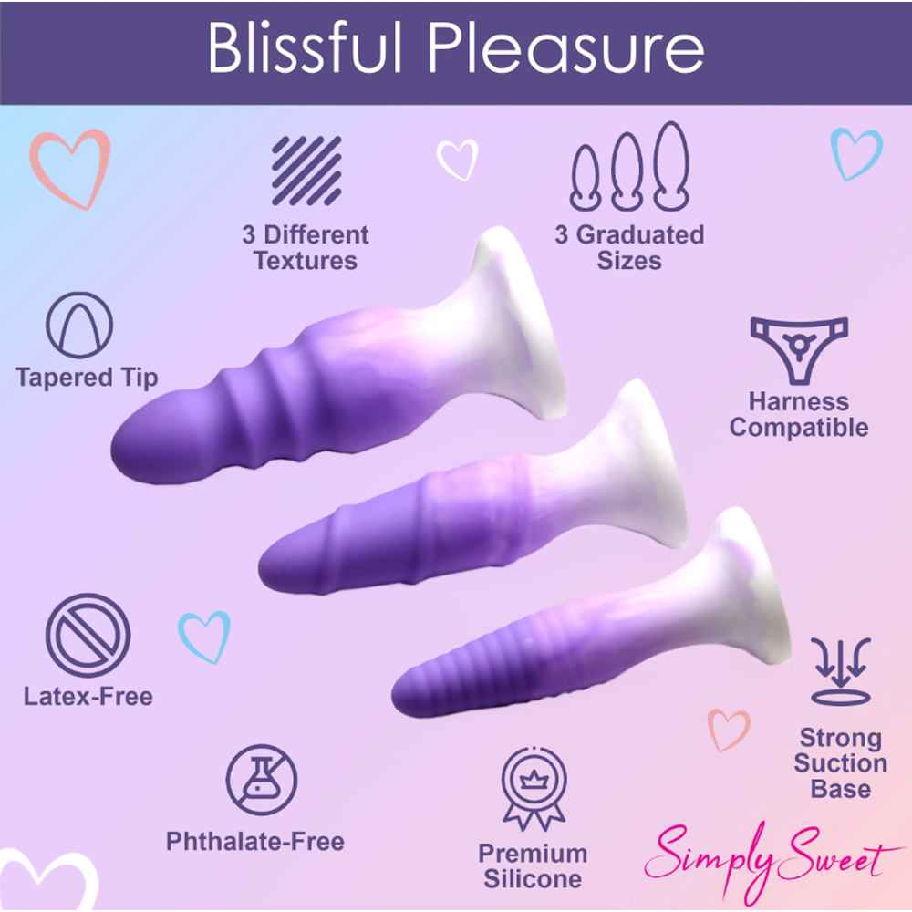 Three textured silicone butt plugs in graduated sizes with suction bases.
