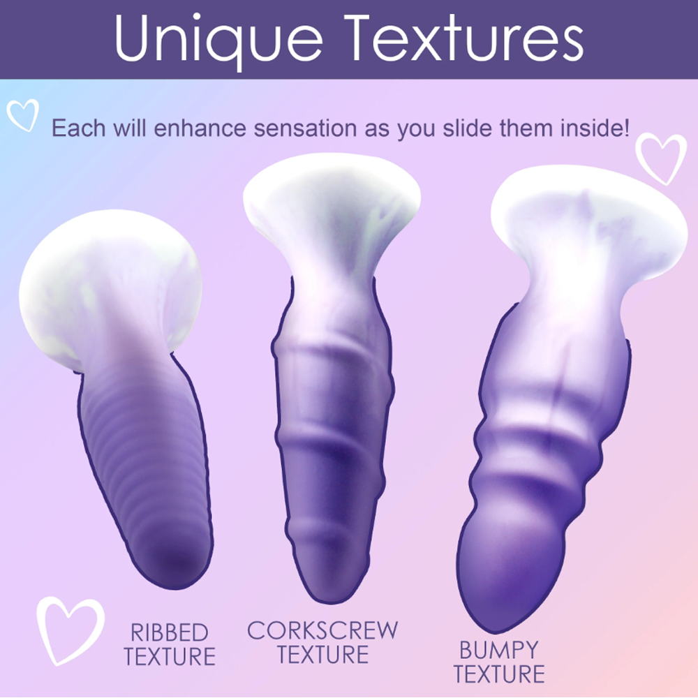 Three silicone butt plugs with ribbed, corkscrew, and bumpy textures.