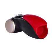 Black and red vibrating penis masturbator with a gold cap.