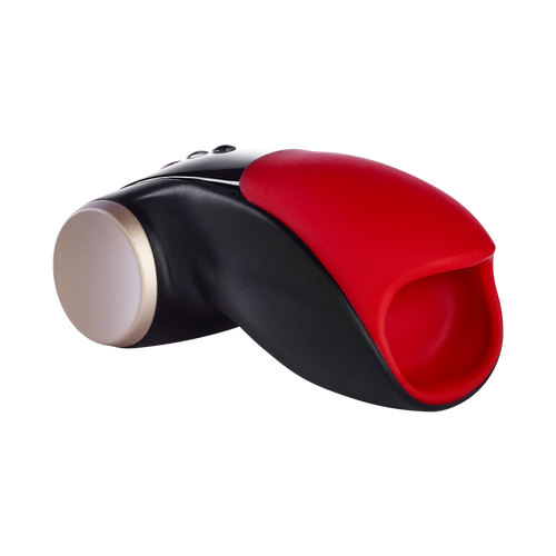Black and red vibrating penis masturbator with a gold cap.