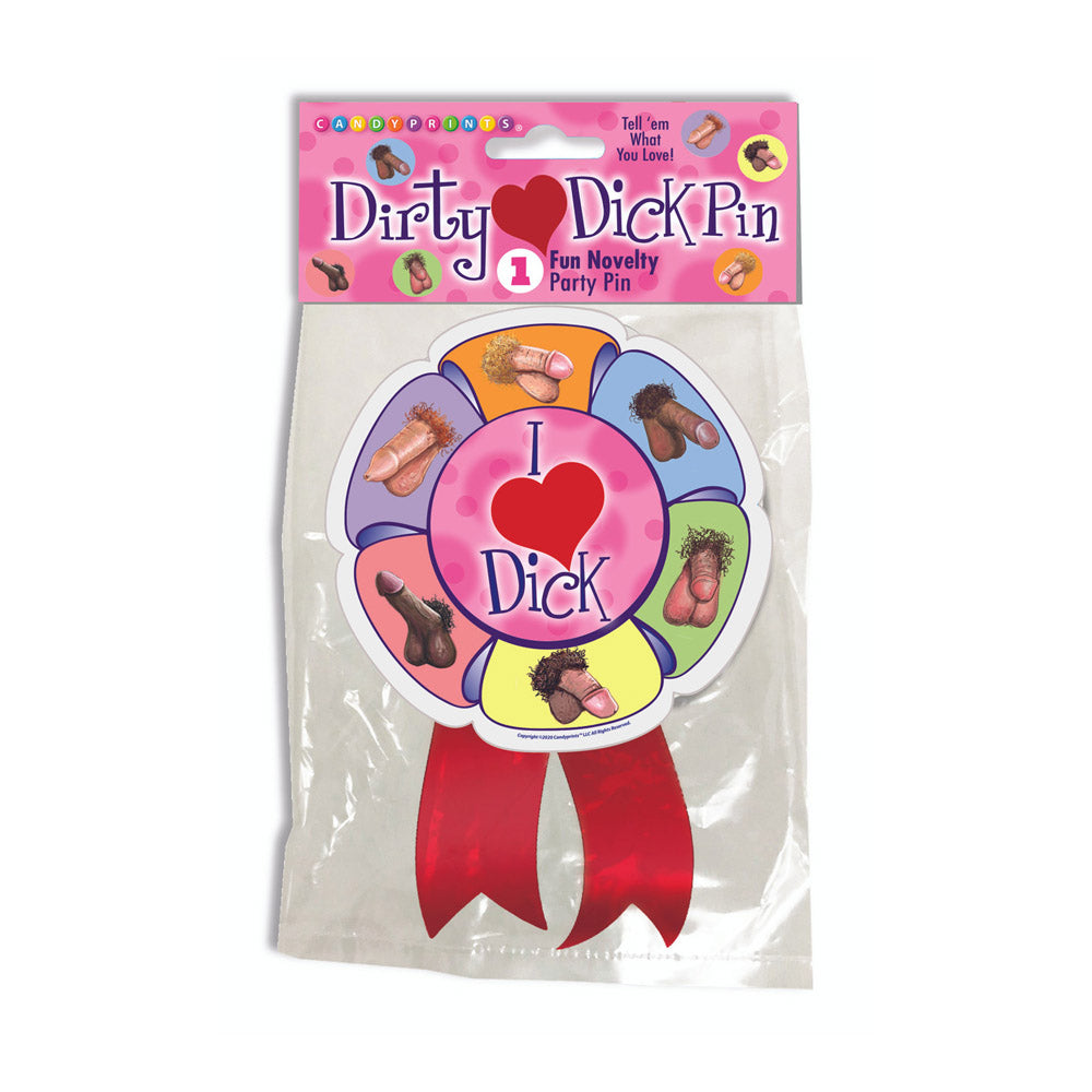 A "Dirty Dick Pin" novelty party badge with multiple phallic images.