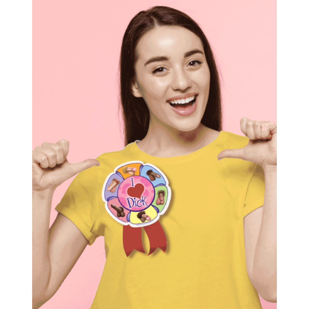 Large party ribbon badge with a pink heart and "Dick" text surrounded by phallic images.