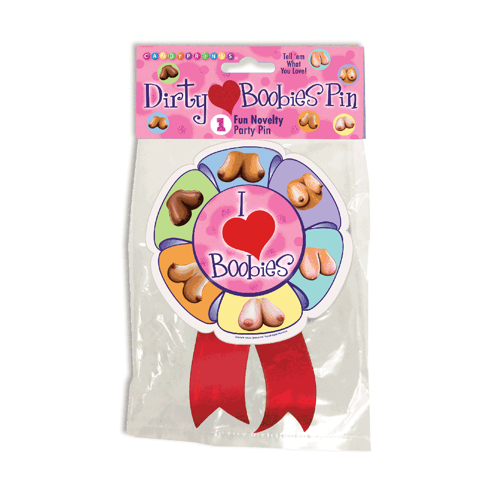 A "I Love Boobies" party pin with a ribbon and various boob illustrations.