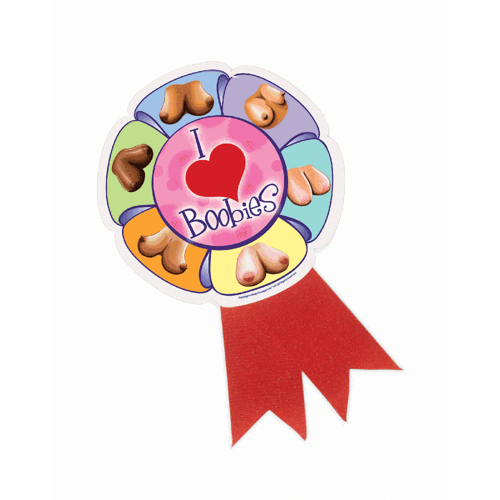 I Love Boobies ribbon pin with various boob illustrations.