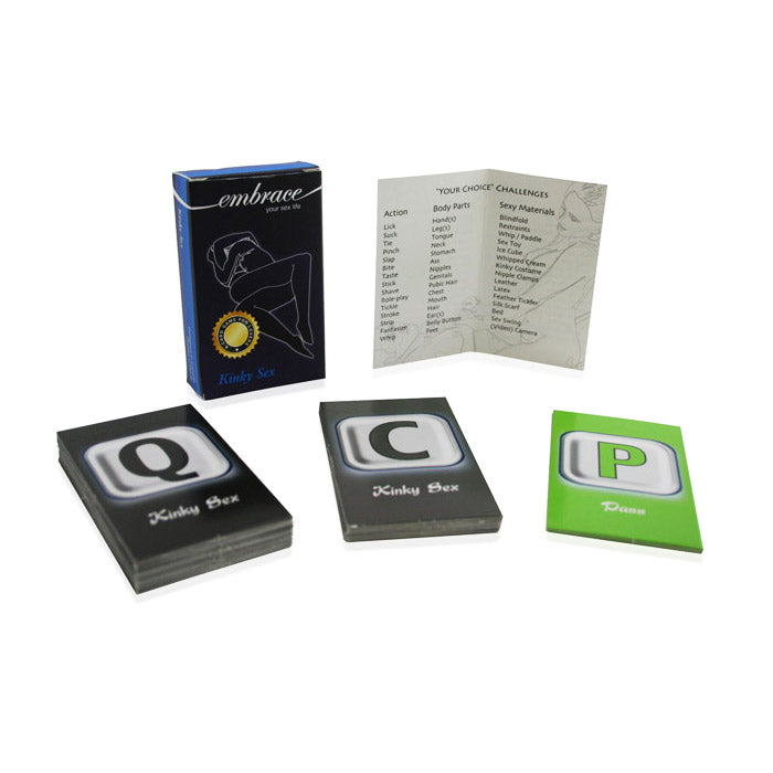 Kinky Sex card game with Embrace box, challenge cards, and a rule sheet.