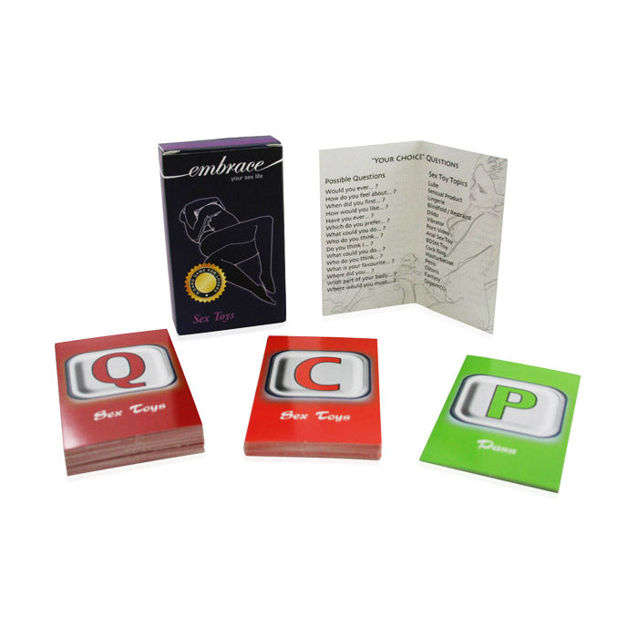 Embrace couples card game with Q, C, and P cards and a rule booklet.