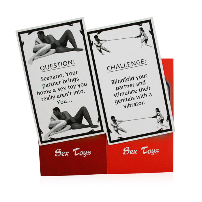 Two cards from the Embrace Couples Card Game, one with a question and one with a challenge.