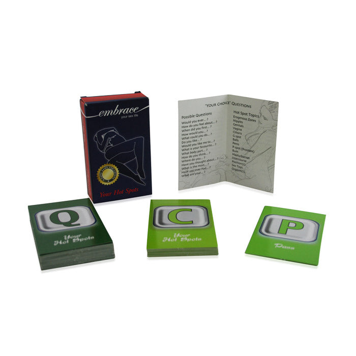 A card game box and cards for "Your Hot Spots" couples game.