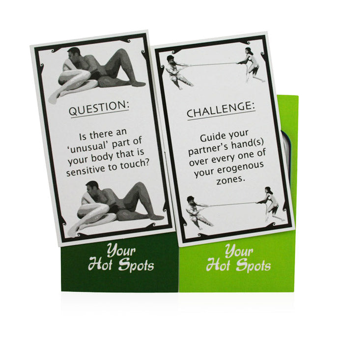 Two cards from the "Your Hot Spots" erotic card game for couples.