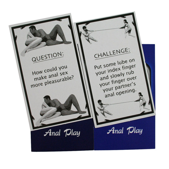 Two cards from an "Anal Play" card game, one with a question and one with a challenge.